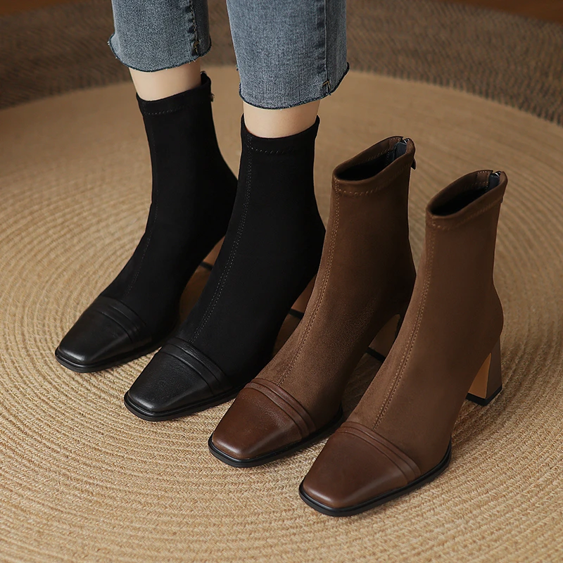 【跟高6cm】弹力靴女短靴磨砂靴瘦瘦靴女高跟方头粗跟百搭显瘦靴子