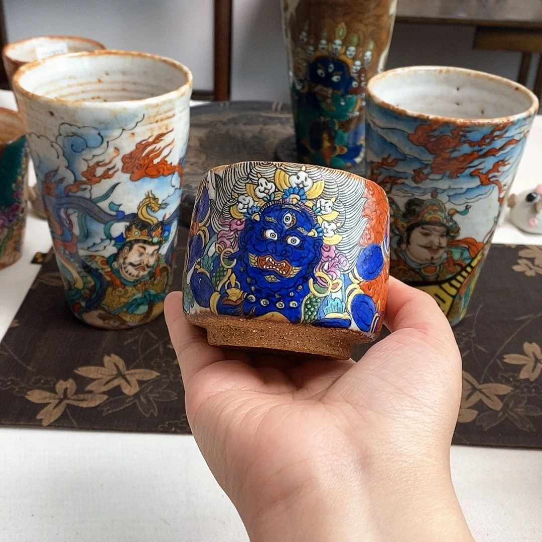 手工手绘六臂大黑天茶杯