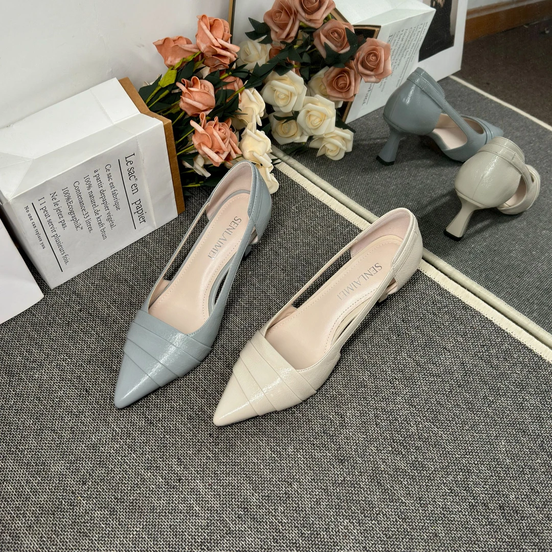 【优雅款】SLM/羊皮/6CM/33-40/9366法式软皮尖头镂空高跟百搭女鞋