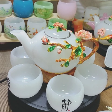 琉璃中式珐琅彩牡丹花一壶六杯礼盒套装