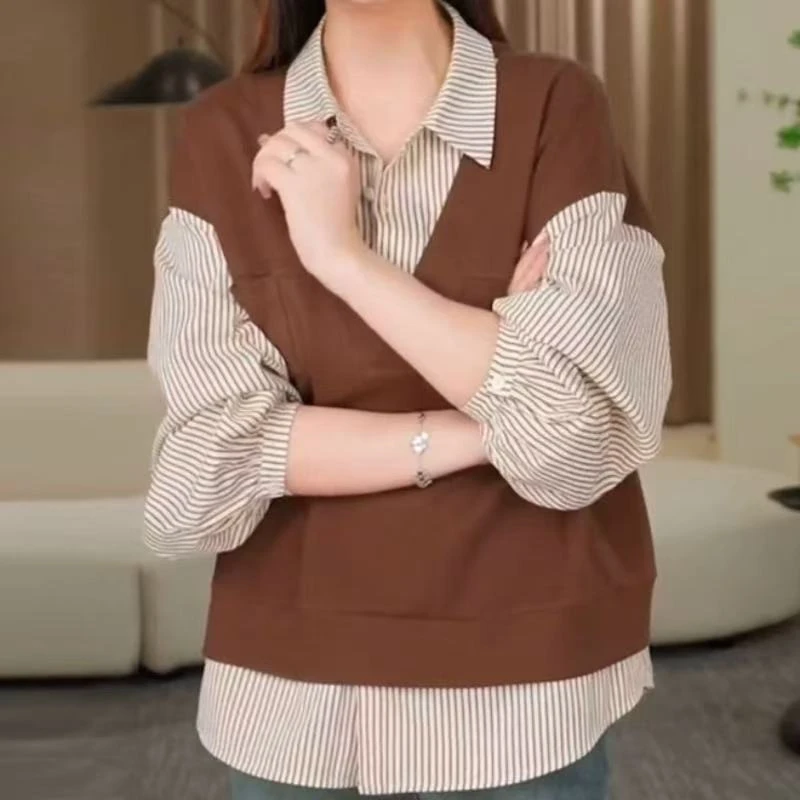 大码时尚条纹拼接POLO领衬衫胖MM女装秋季新款显瘦长袖假两件上衣