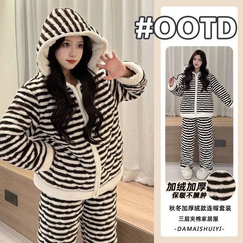 2025冬季三层夹棉加绒加厚半边绒睡衣女条纹珊瑚绒保暖家居服外穿