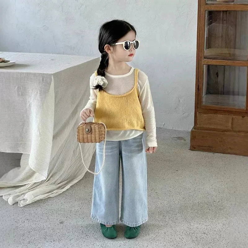 女童春装套装2025新款韩版女宝宝洋气休闲针织马甲三件套儿童背心