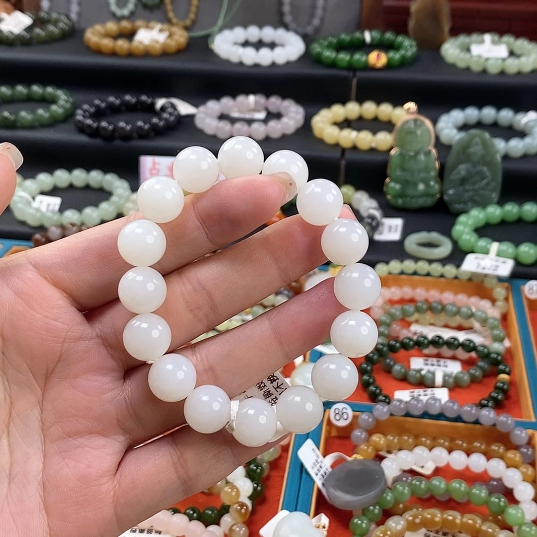 和田玉手链 12MM未镶嵌白玉