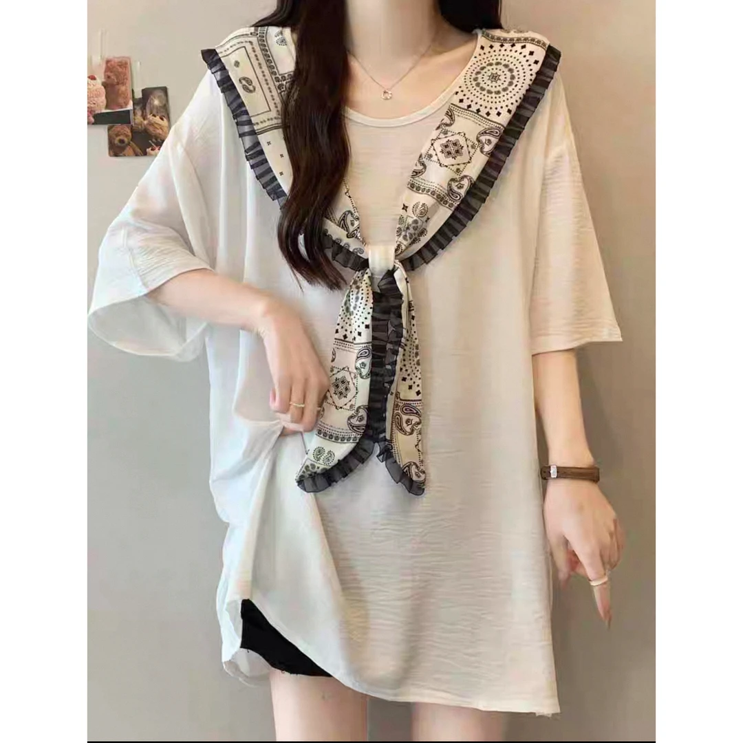 短袖拼接荷叶边海军领T恤常规圆领中式老钱风