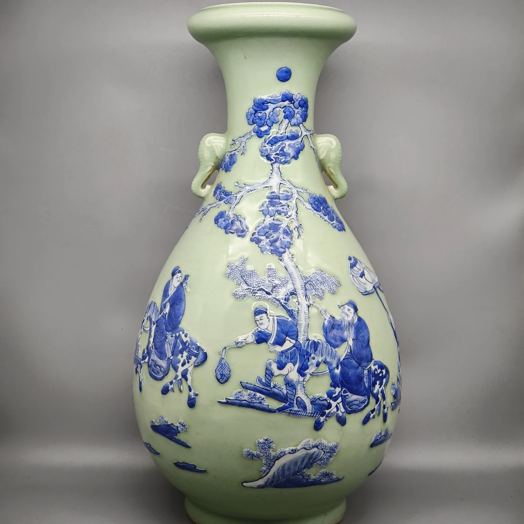 72504004*清道光青釉青花人物故事象耳尊/瓷器七/