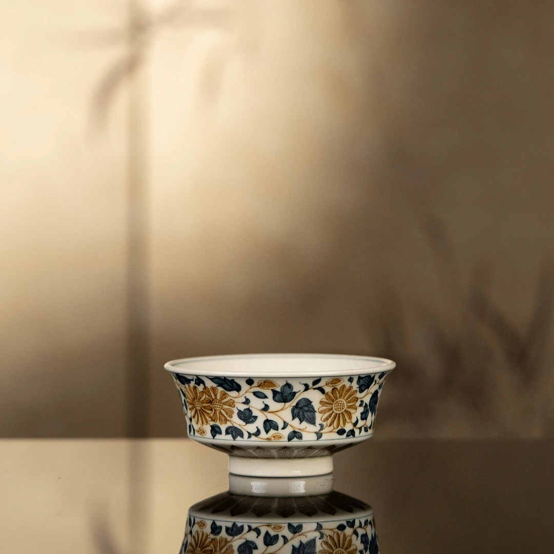 【利贞】青花釉里金内外双绘牡丹大马蹄杯 约120cc 纯手绘制茶具LQT