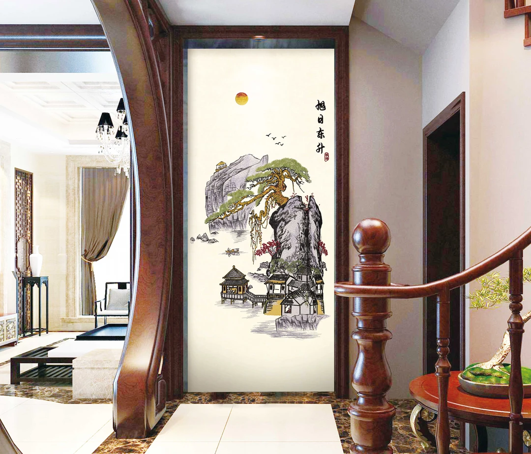 拾绣坊独绣刺绣背景-江旭日东升玄关过道背景墙高端墙布加厚
