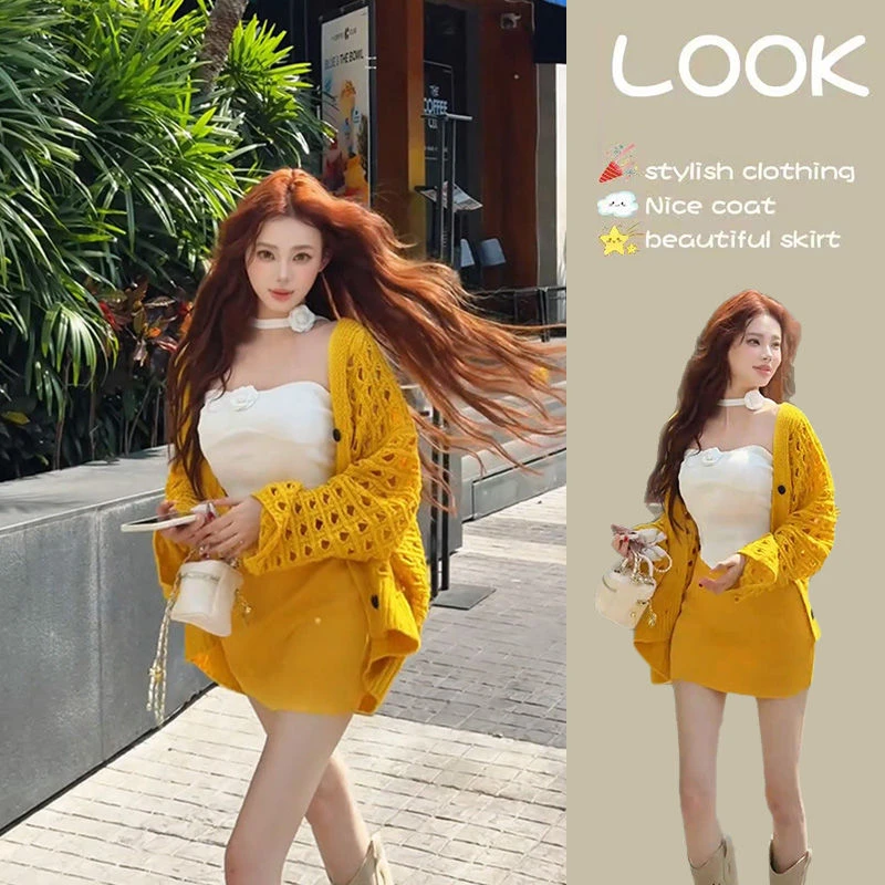 纯欲风辣妹时尚套装女抹胸背心镂空开衫半身裙三件套2025春夏新款