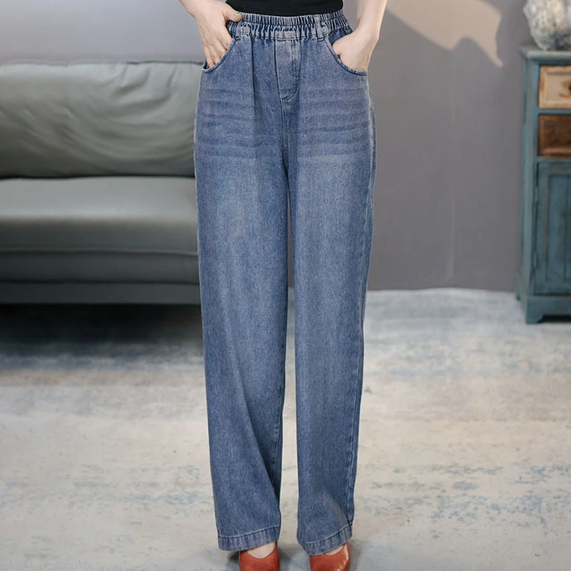 雪 6885蓝2025秋季复古显瘦女士牛仔直筒裤松紧腰时尚九分梧桐裤