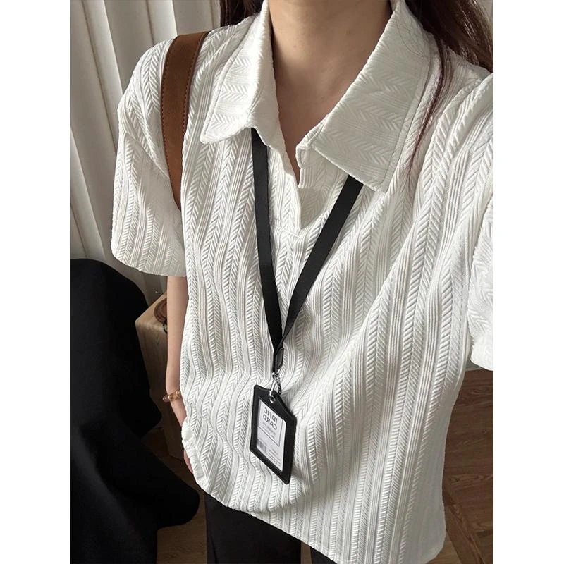 白色麦穗纹肌理感POLO衫男款夏季高级感冰丝短袖宽松透气翻领T恤