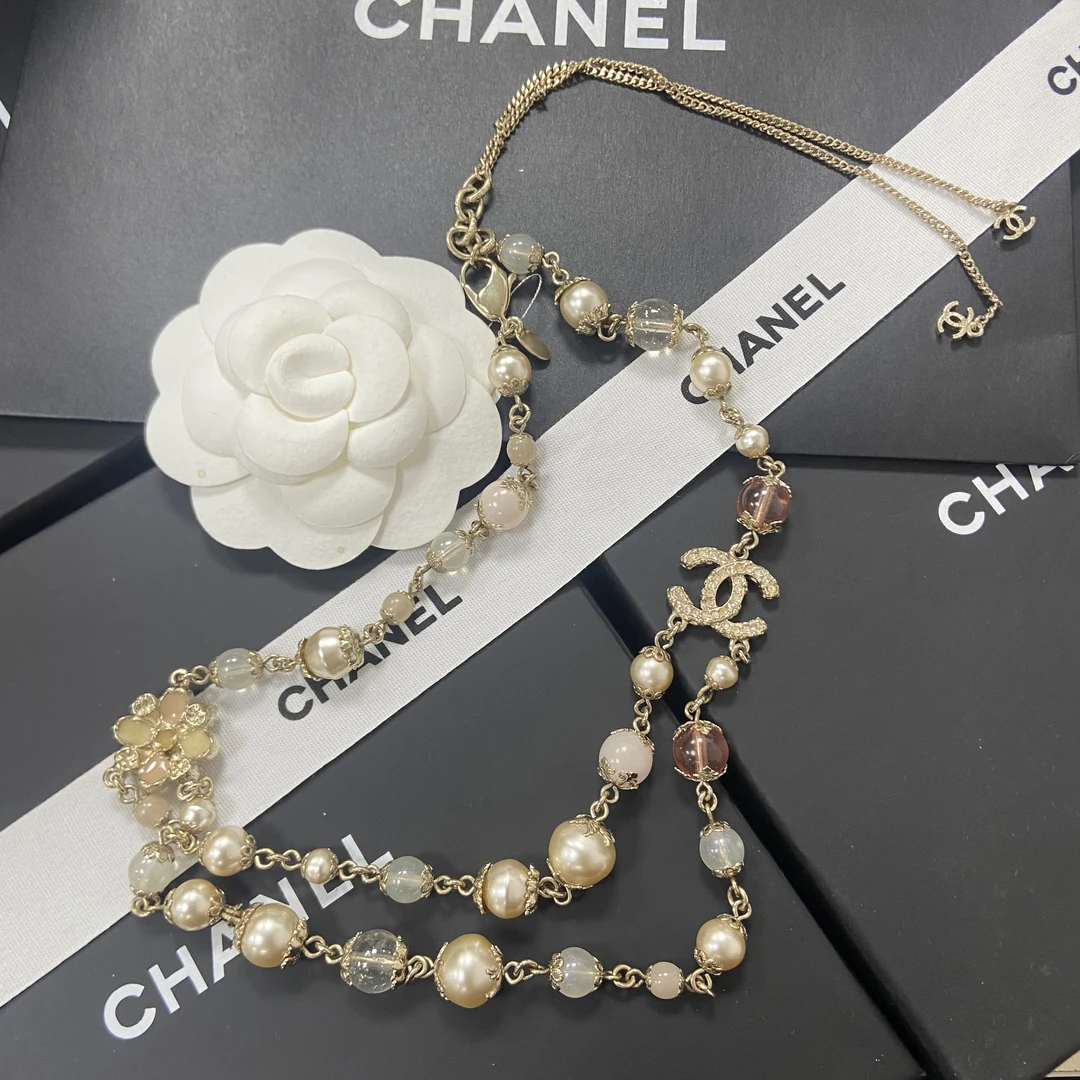 99新 Chanel/香奈儿 经典 时尚 伪双层 珐琅 山茶花 珍珠 项链