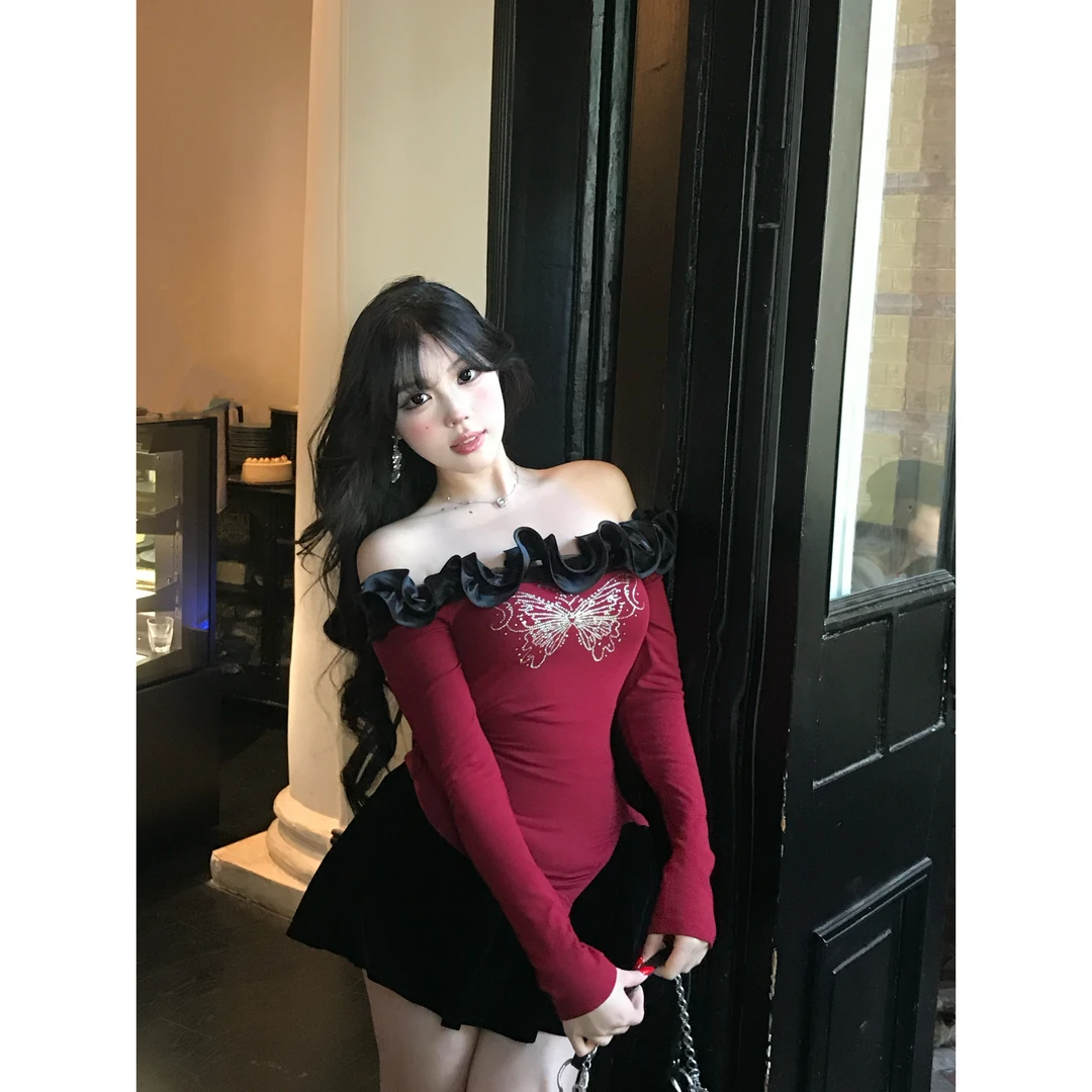 618清清MengFairy【甜欲玫瑰】纯欲设计感一字肩长袖针织上衣4166M