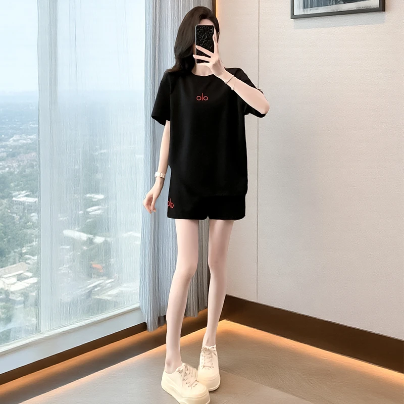 休闲风气质时尚套装韩版显瘦朋克短袖运动黑色宽松中长款夏季黑色