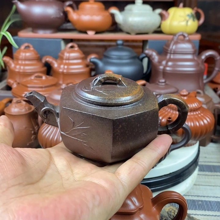 紫砂茶壶六方竹节180Cc原矿老紫泥柴烧