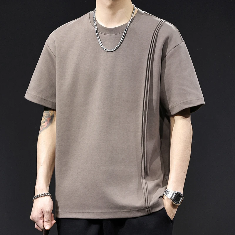 MR.MUDI/穆迪先生重磅拼接短袖t恤男士夏季新款大码高端美式复古