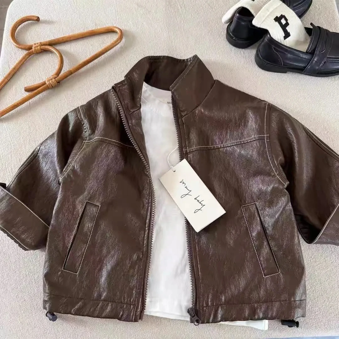 儿童皮衣外套2025男童洋气立领皮夹克韩版宝宝休闲时髦帅气机车服