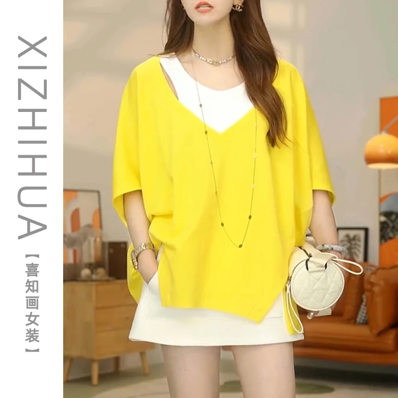 夏季新款休闲女装高级感小众拼接撞色假两件T恤宽松显瘦减龄上衣