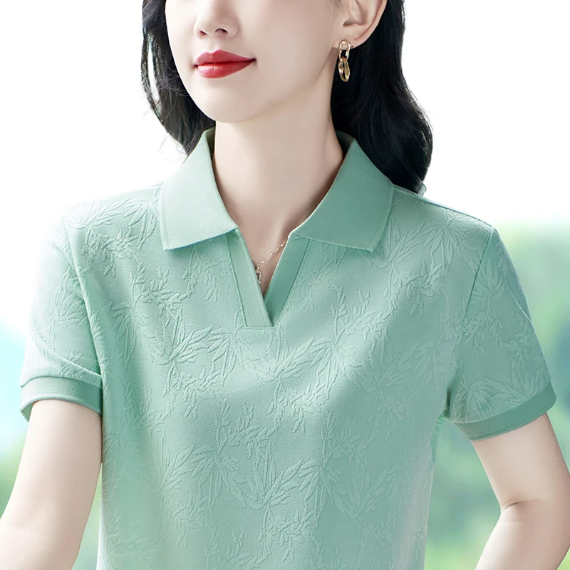 高级冰丝短袖女夏季2025新款妈妈t恤时尚纯色百搭海鸥领上衣大码