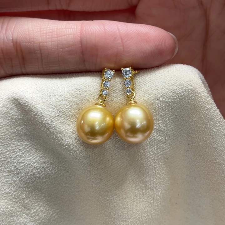 银S925镶嵌耳饰海水珍珠金珠10-11m 64号