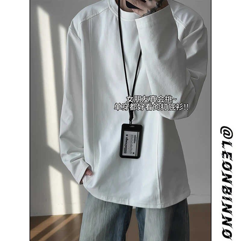 解构拼接正肩长袖T恤男秋冬季加绒加厚美式重磅内搭打底衫卫衣