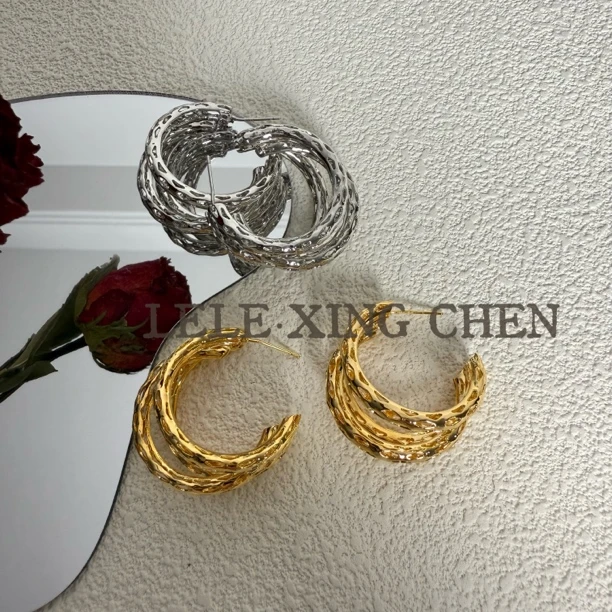 铜合金耳饰 欧美多层C圈大气镂空耳环，时尚简约设计耳饰