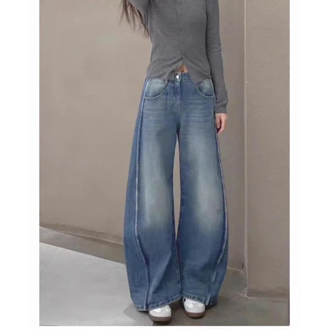 JN春季新款时尚复古拼接香蕉裤牛仔裤