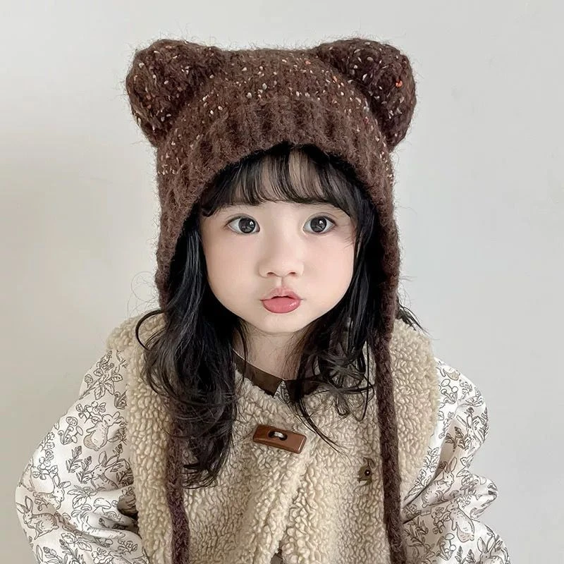 儿童帽子秋冬季韩版女童可爱小熊系带针织护耳帽男童宝宝毛线帽潮