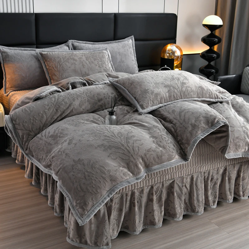 法式加厚雕花牛奶绒四件套花边床盖公主风双面绒加绒被套被罩床单