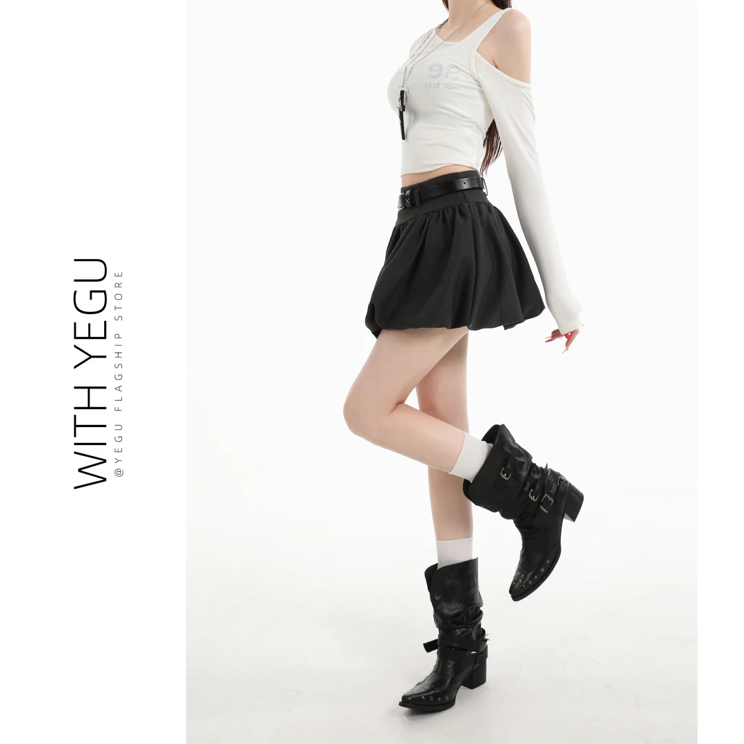 学院风灰色花苞裙女春秋新款高腰a字蓬蓬短裙小个子云朵灯笼裙子