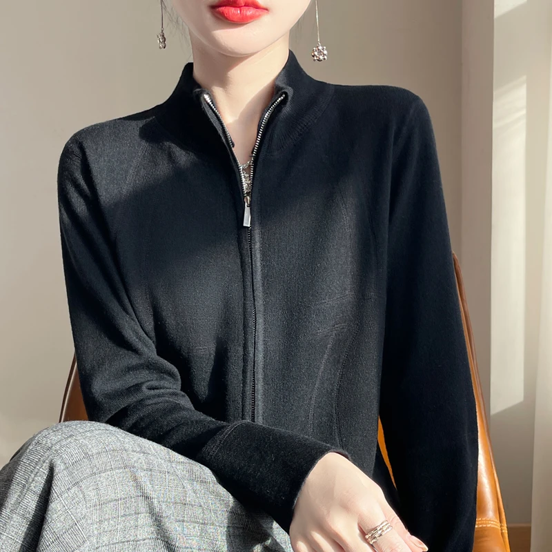 【LULU家同款】精纺羊毛立领双头拉链半高领开衫针织衫外套打底衫N