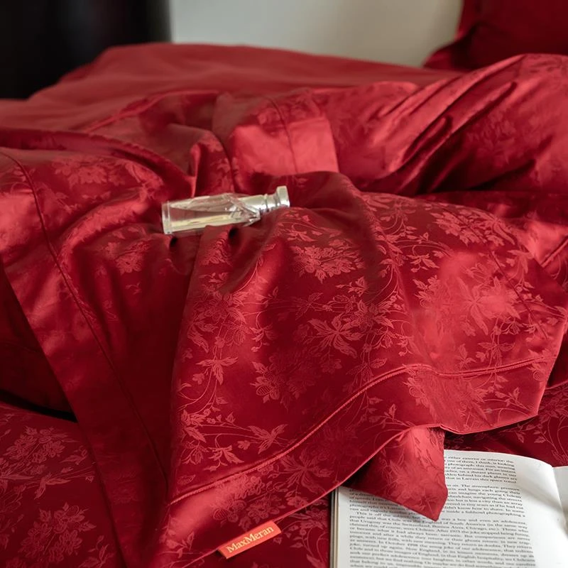 A类母婴级~大红色提花结婚庆全棉四件套100S纯棉嫁娶轻奢高级感