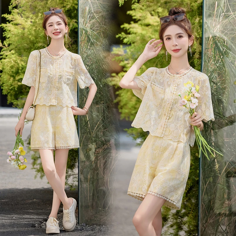 2025夏季新款女装装新款小香风花边圆领短袖短裤套装两件套蕾丝
