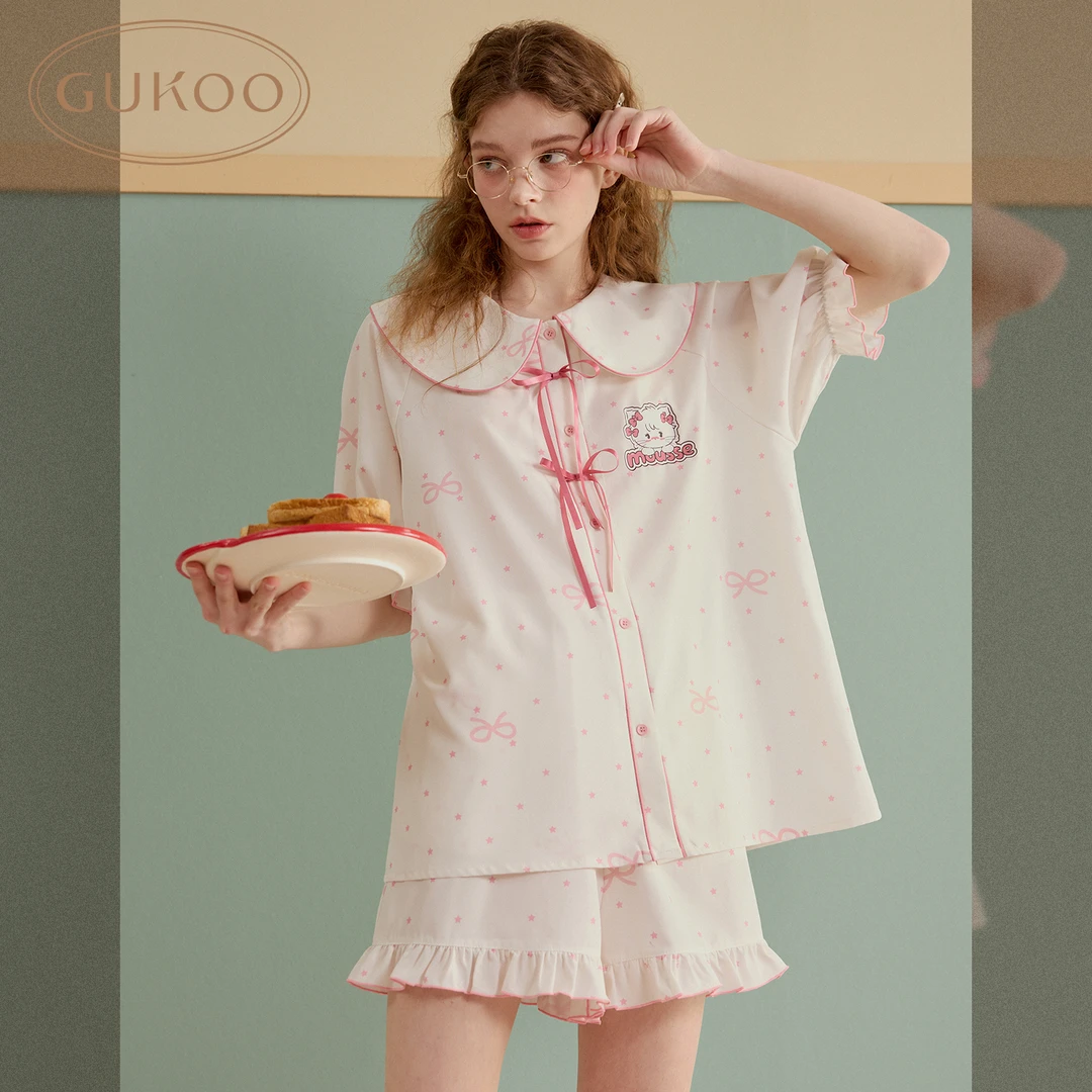 Gukoo/果壳mikko夏季家居服少女甜美睡衣公主风短袖套装宽松卡通