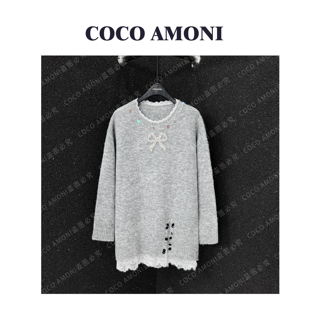 圆领时尚宽松显瘦高级灰蕾丝中长款毛衫拼接长袖毛衣JY375