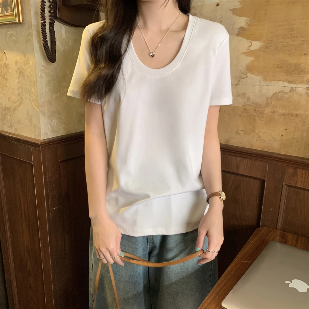 2025夏季韩版u领宽松百搭基础气质设计感纯色简约棉短袖T恤上衣女