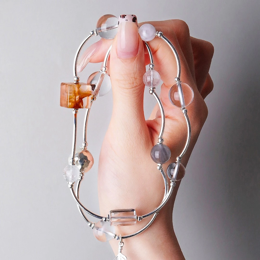 链子925银 大头姐 S10883 叶子黄色胶方块白水弯管多层手链