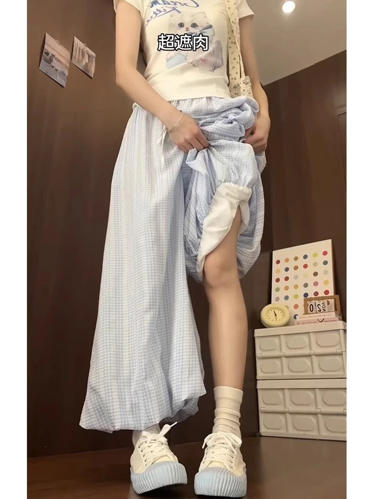 大码胖mm蓝色冰丝格子花苞阔腿裤女夏季薄款遮胯慵懒风遛弯休闲裤