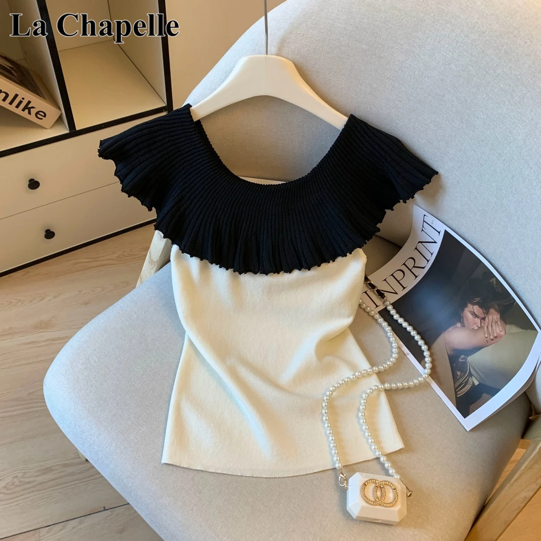 拉夏贝尔2025夏季新款法式高级感荷叶边一字肩上衣女冰丝针织小衫