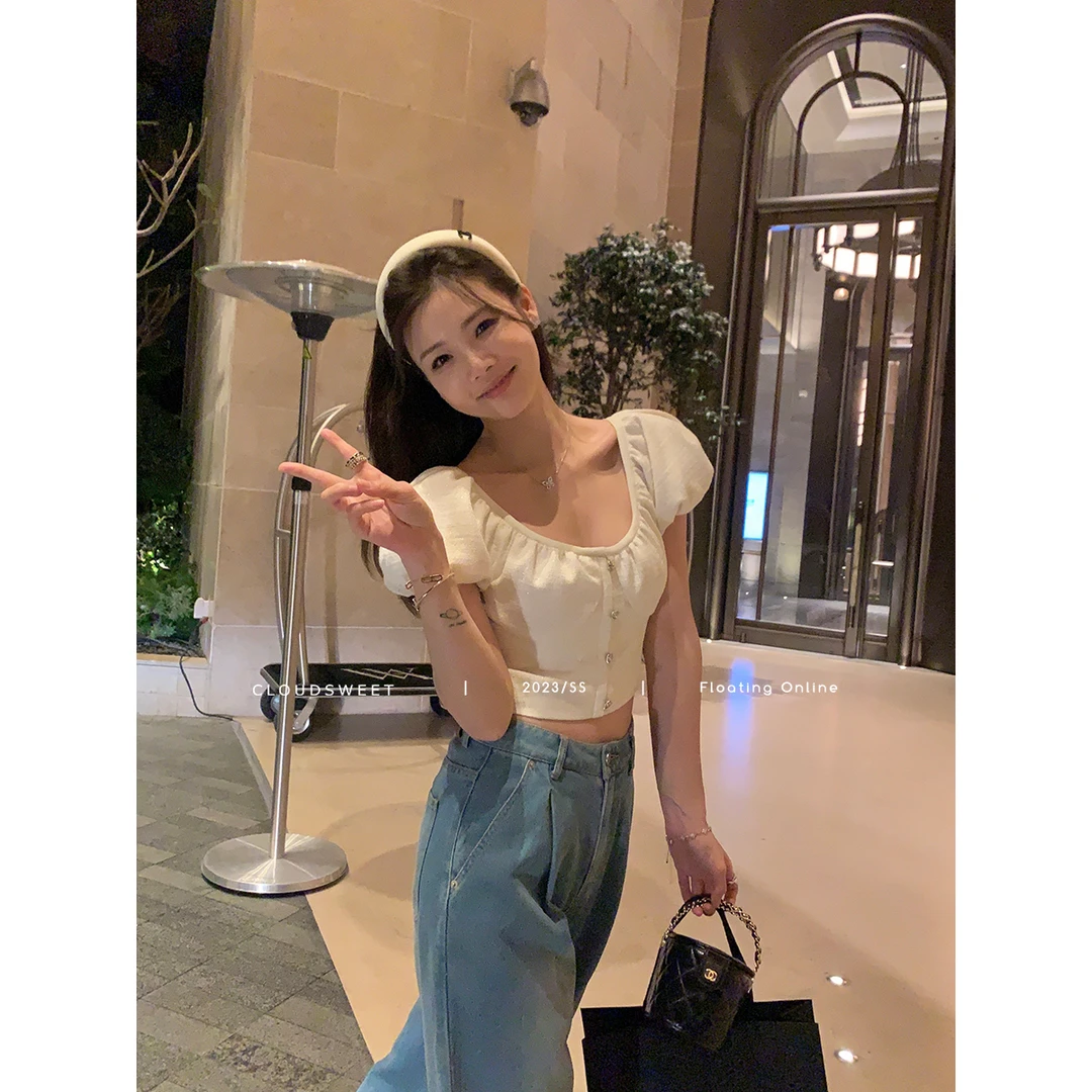CloudSweet白云甜小香风泡泡袖法式上衣女夏短款露脐修身显瘦t恤