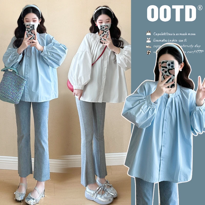 Y3298#1.13新款2025春季新款孕妈大码设计感圆领慵懒褶皱灯笼袖衬