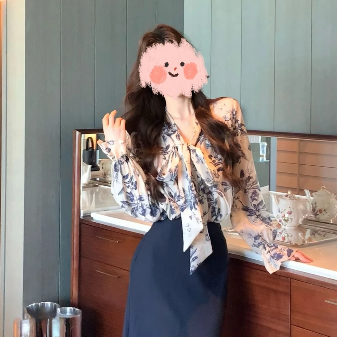 【墨染花影】新中式水墨印花飘带衬衫早秋季2025新款设计感长袖衬衣