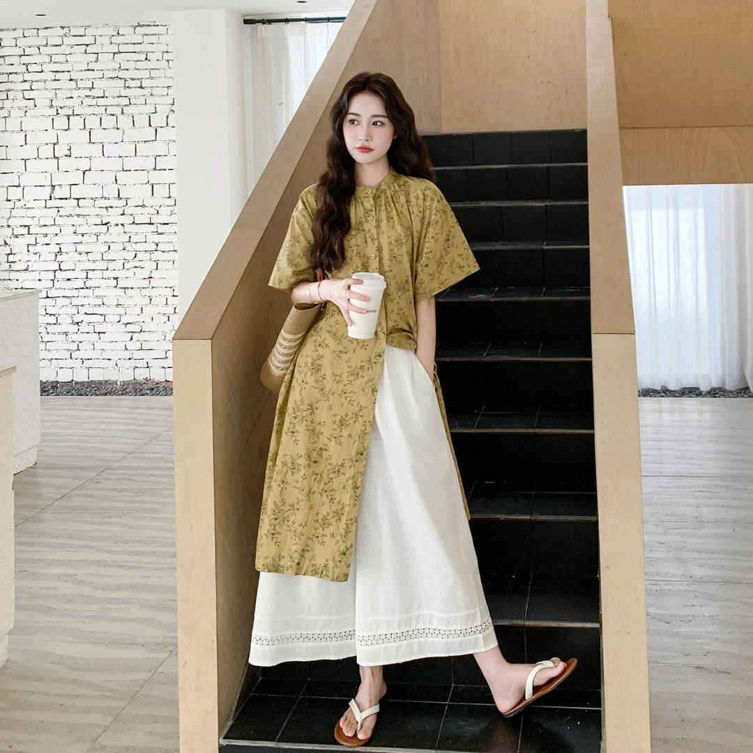 气质复古碎花衬衫阔腿裤套装女2025夏季新款慵懒松弛感休闲两件套