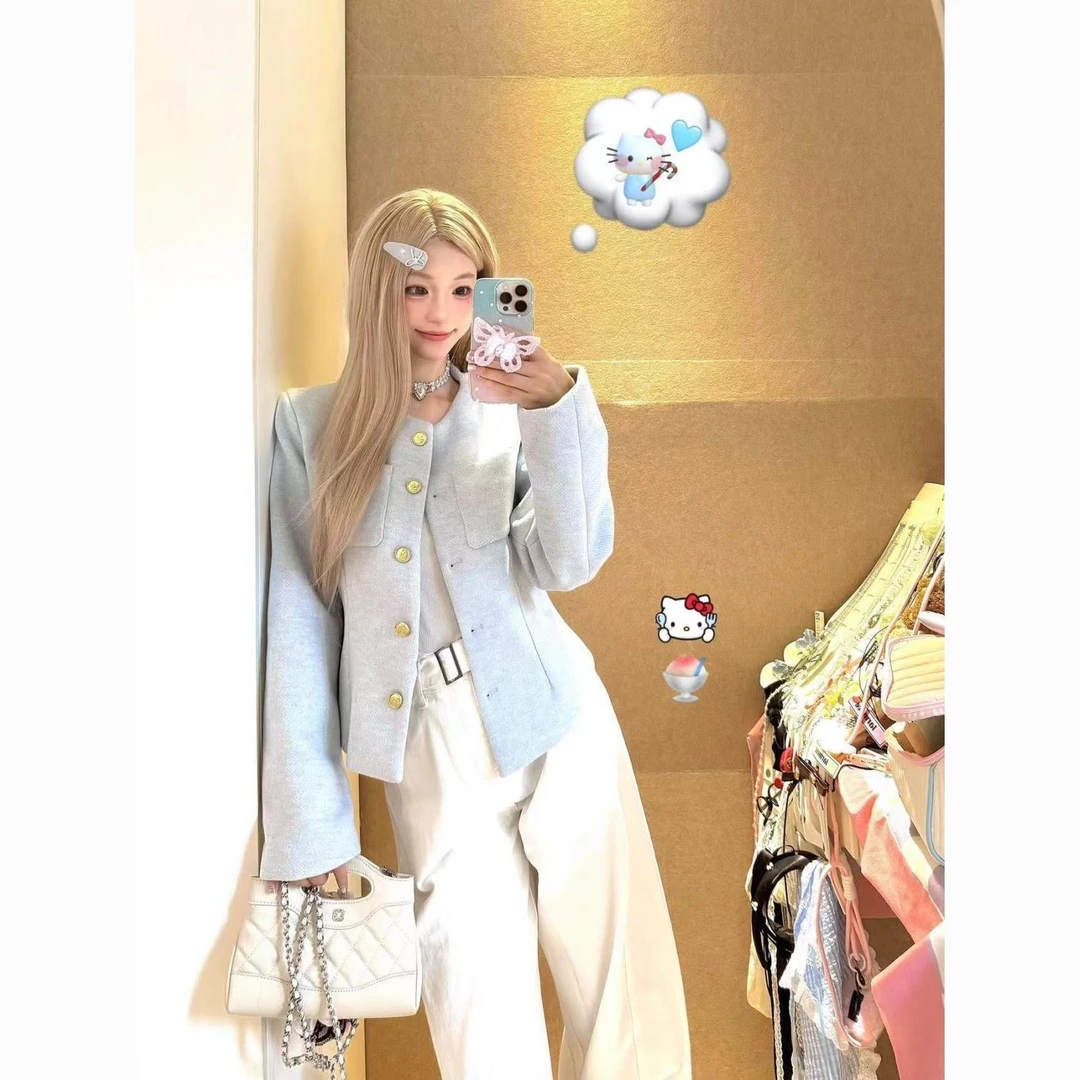 【雾莓简奢】蓝色小香风财阀千金风开衫毛呢外套高级甜奢显瘦轻奢