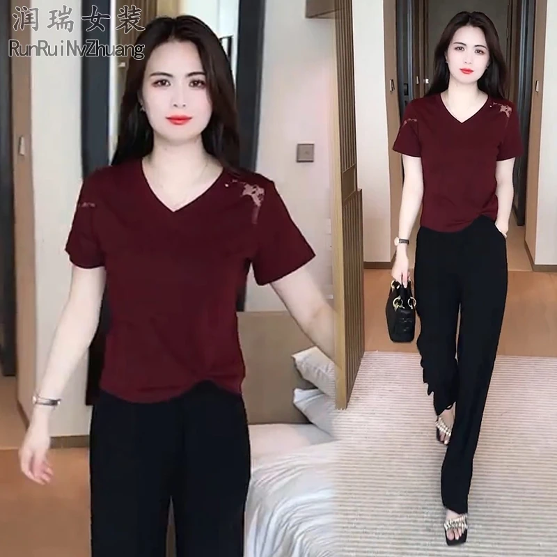 夏季简约时尚套装女2025新款小个子设计感短袖T恤阔腿裤两件套潮