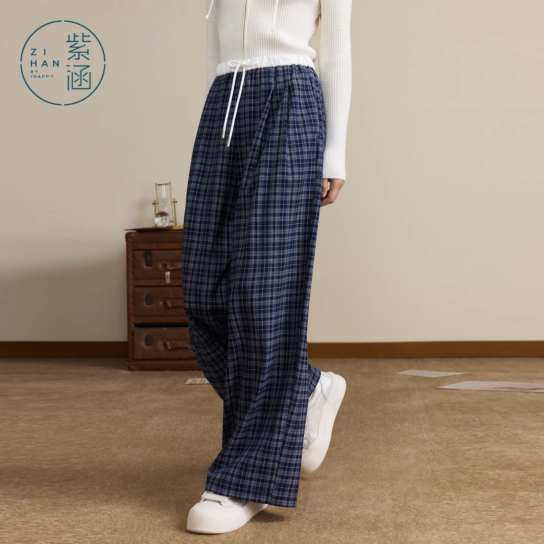 紫涵直筒阔腿裤女2025年秋通勤牛筋抽绳高腰宽松休闲裤Z5Z08AS357