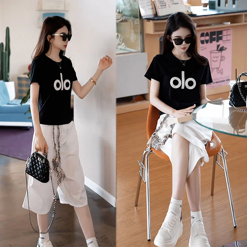 气质穿搭一整套夏装薄款修身显瘦印花上衣高腰宽松五分裤两件套装