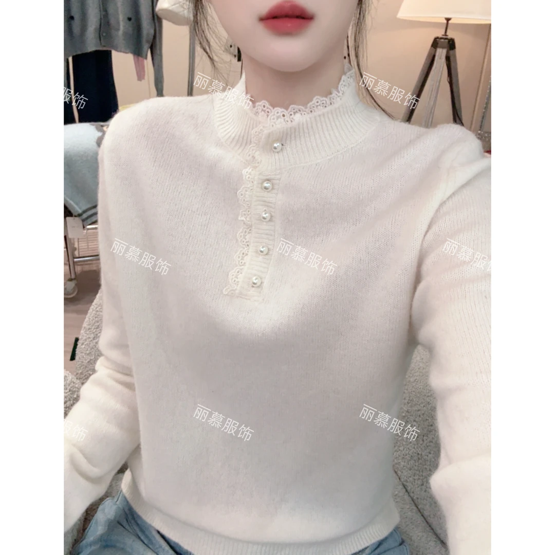 【蕾丝打底衫】蕾丝拼接单排珍珠扣纯色秋冬针织打底衫套头1146