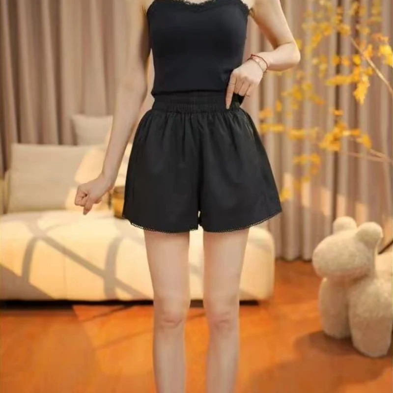 蕾丝花边松紧高腰短裤夏季新款宽松显瘦外穿休闲时尚纯色a字短裤