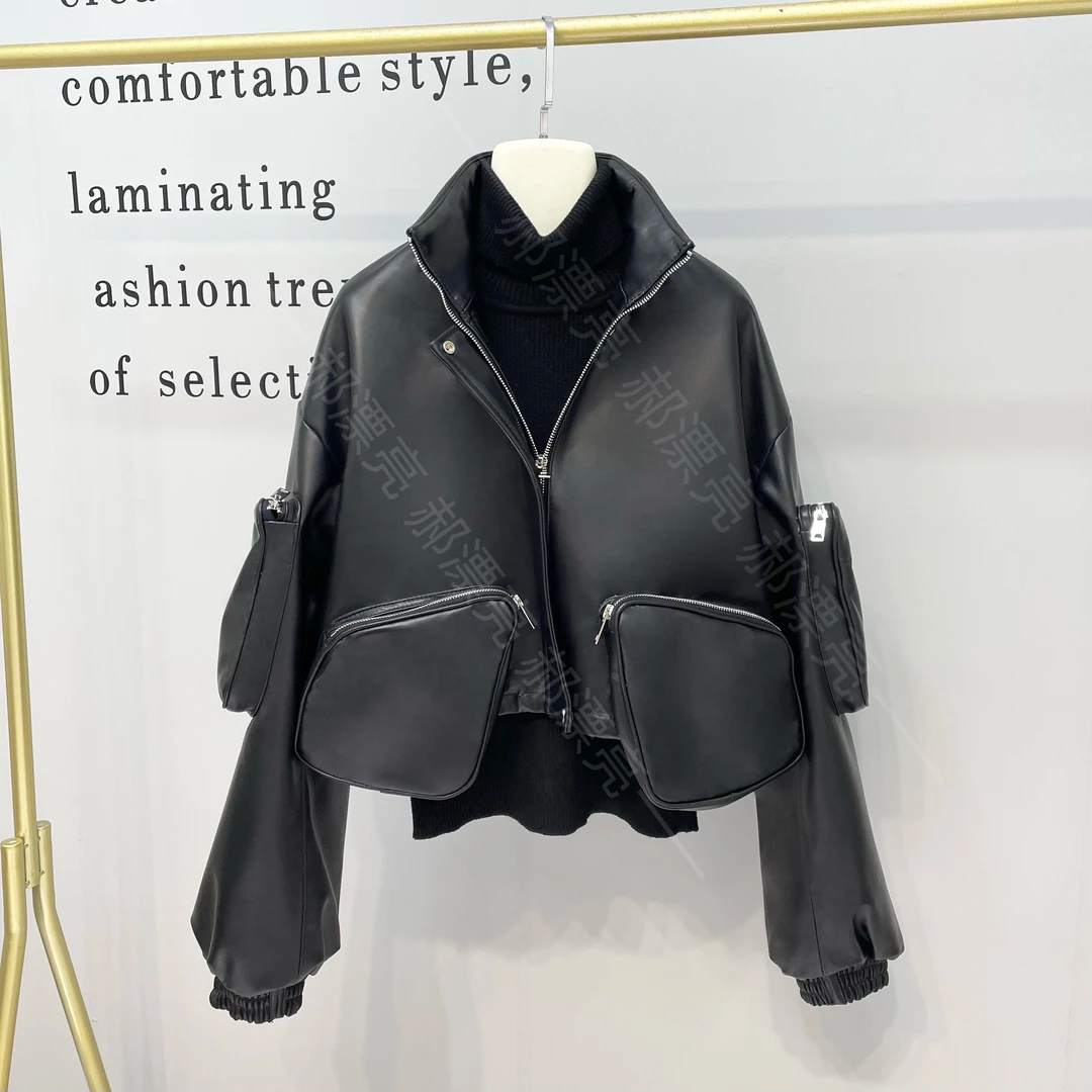 洋气休闲真皮韩版皮黑色女士女款秋冬绵羊皮短款立领洋气外套机车